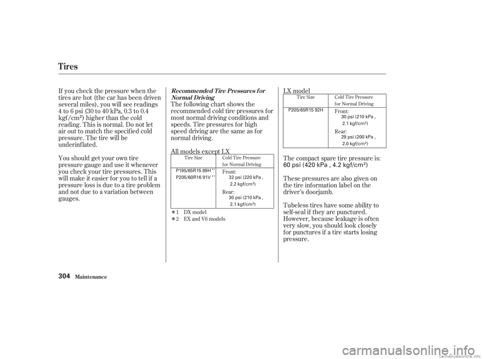 HONDA ACCORD SEDAN 2003  Owners Manual (in English) Î
Î
Î
Î
The following chart shows the
recommended cold tire pressures f or
most normal driving conditions and
speeds. Tire pressures f or high
speed driving are the same as f or
normal driving