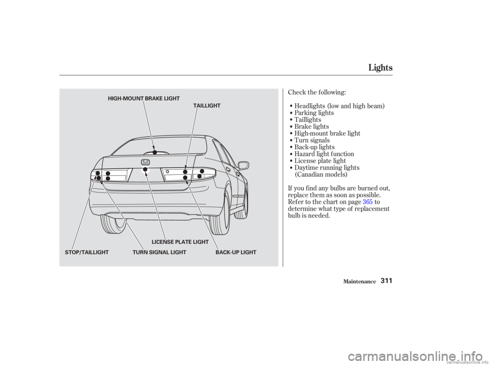 HONDA ACCORD SEDAN 2003  Owners Manual (in English) Check the f ollowing:Headlights (low and high beam)
Parking lights
Taillights
Brake lights
High-mount brake light
Turn signals
Back-up lights
Hazard light f unction
License plate light
Daytime running