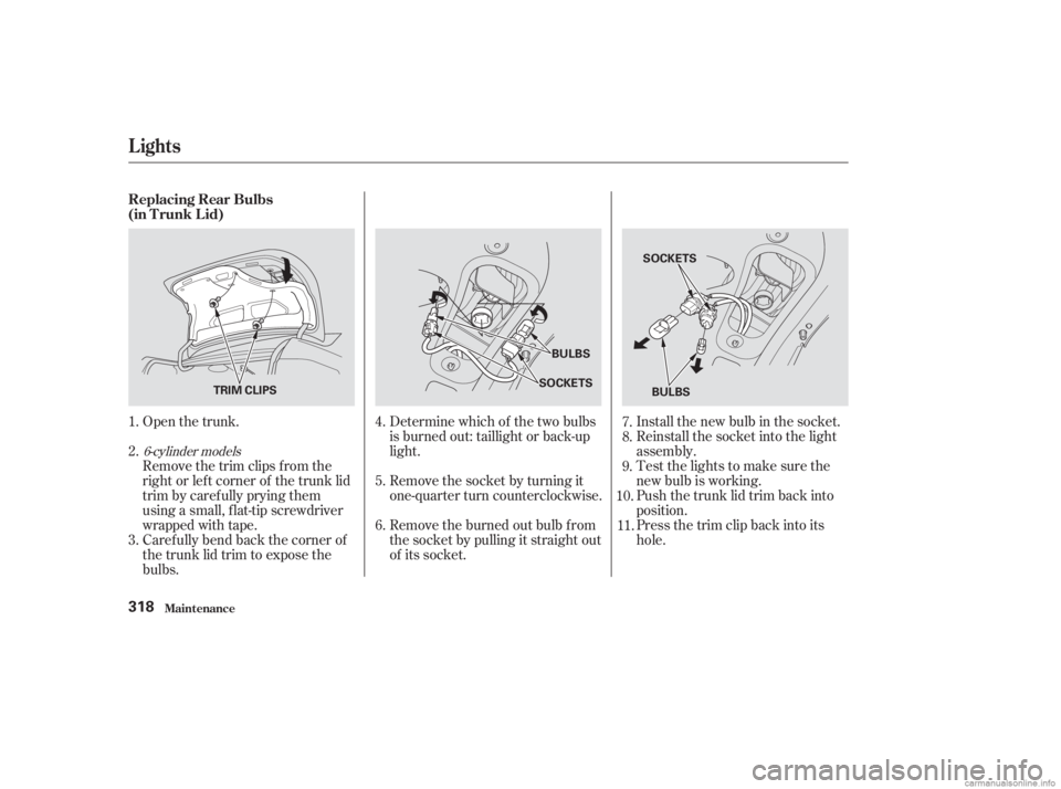 HONDA ACCORD SEDAN 2003  Owners Manual (in English) Open the trunk.Remove the burned out bulb f rom
the socket by pulling it straight out
of its socket. Remove the socket by turning it
one-quarter turn counterclockwise. Determine which of the two bulbs