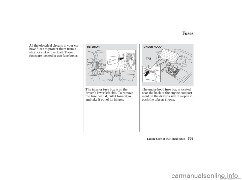 HONDA ACCORD SEDAN 2003  Owners Manual (in English) All the electrical circuits in your car
have fuses to protect them from a
short circuit or overload. These
f uses are located in two f use boxes.The interior f use box is on the
driver’s lower lef t