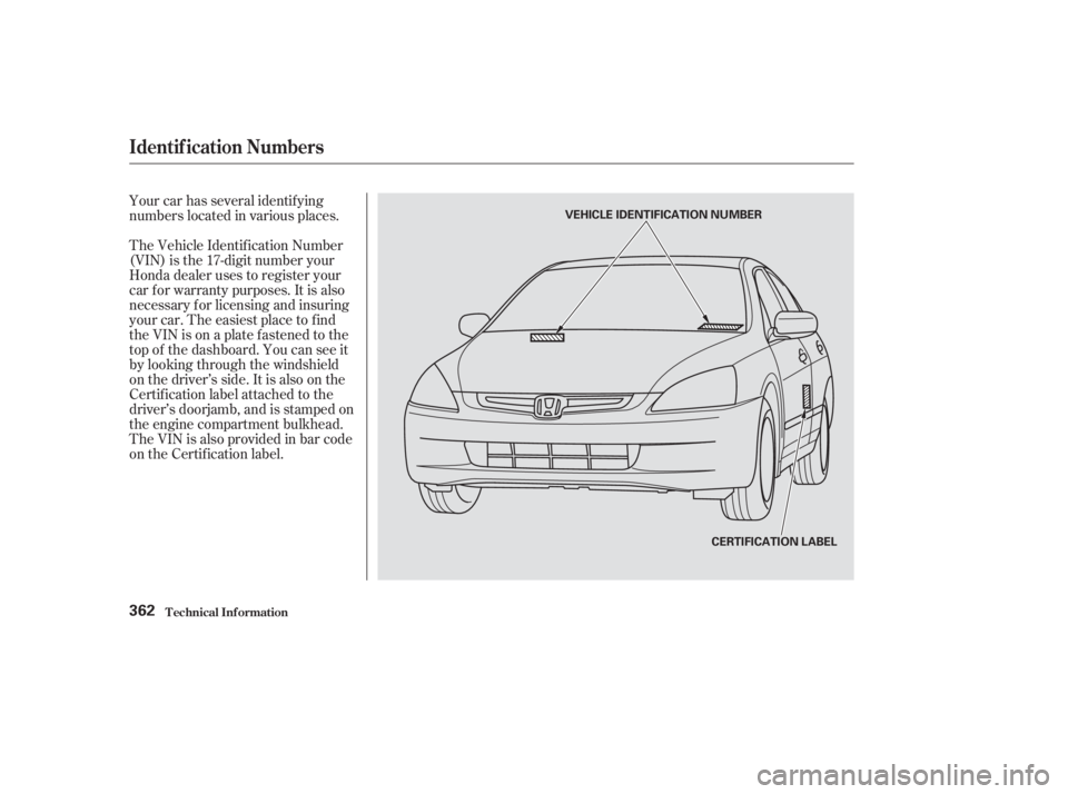 HONDA ACCORD SEDAN 2003  Owners Manual (in English) Your car has several identif ying
numbers located in various places.
The Vehicle Identif ication Number
(VIN) is the 17-digit number your
Honda dealer uses to register your
car f or warranty purposes.