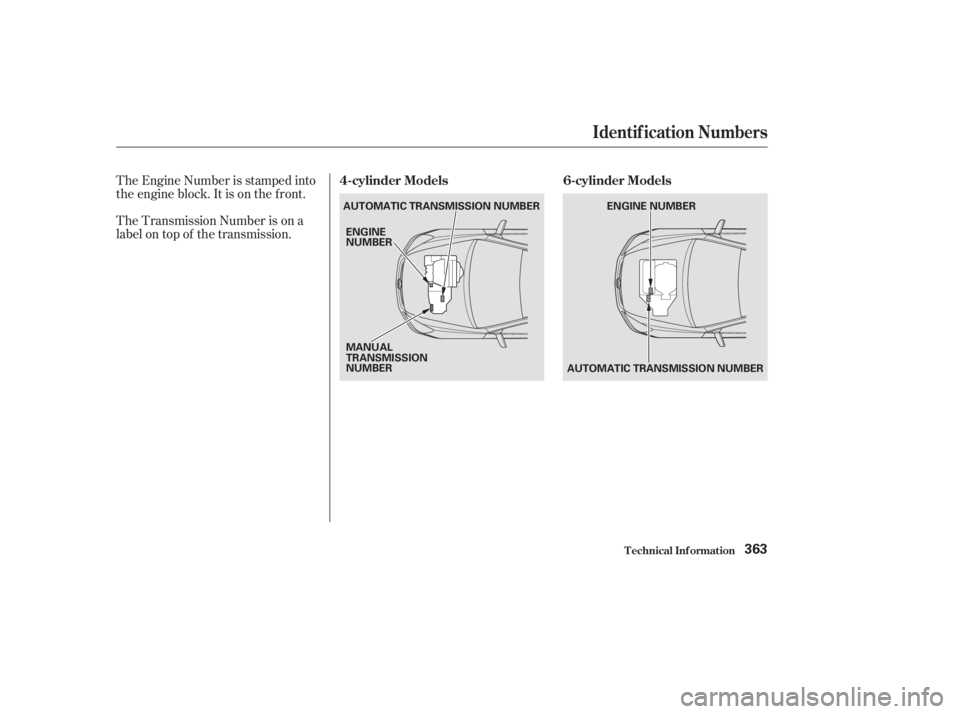 HONDA ACCORD SEDAN 2003  Owners Manual (in English) The Transmission Number is on a
label on top of the transmission. The Engine Number is stamped into
the engine block. It is on the f ront.
Identif ication Numbers
T echnical Inf ormation
4-cylinder Mo