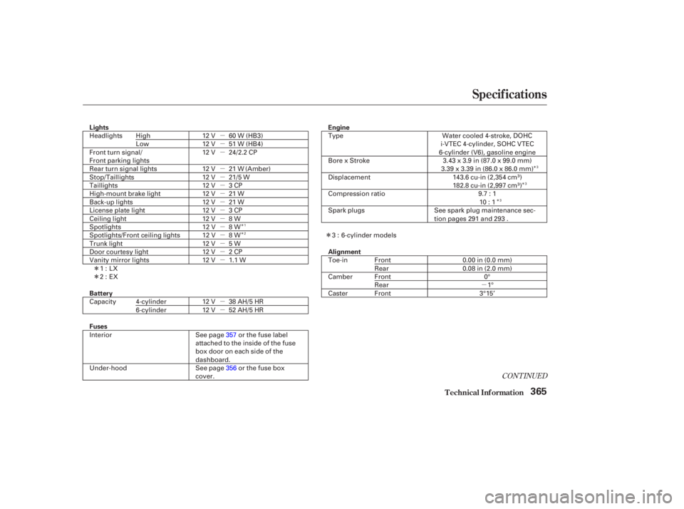 HONDA ACCORD SEDAN 2003  Owners Manual (in English) µ
µ
µ
µ
µ
µ
µ
µ
µ
µ
µ
µ
µ
µ
µ
µ
µ
µ
Î
Î Î
Î
Î
Î
Î
Î
CONT INUED
Specif ications
T echnical Inf ormation365
Fuses Battery Lights
Alignment Engine3.43 