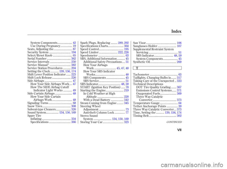 HONDA ACCORD SEDAN 2003  Owners Manual (in English) Î
CONT INUED
...................
System Components . 42
...............
Use During Pregnancy . 19
........................
Seats, Adjusting the .87
............................
Security System .194
