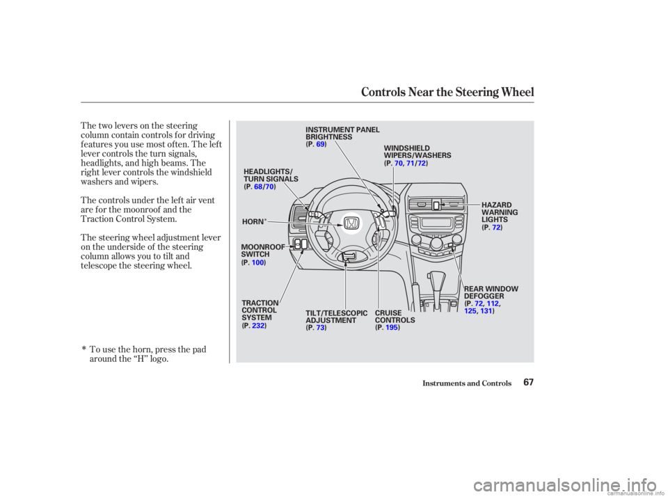 HONDA ACCORD SEDAN 2003  Owners Manual (in English) Î
Î
Thetwoleversonthesteering
column contain controls f or driving
f eatures you use most of ten. The lef t
lever controls the turn signals,
headlights, and high beams. The
right lever controls th