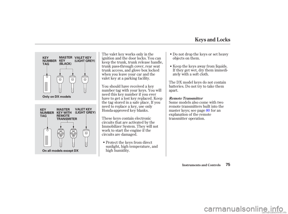 HONDA ACCORD SEDAN 2003   (in English) Manual PDF These keys contain electronic
circuits that are activated by the
Immobilizer System. They will not
work to start the engine if the
circuits are damaged.Protect the keys f rom direct
sunlight, high tem