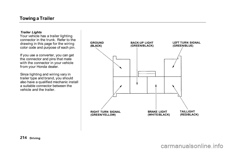 HONDA ACCORD SEDAN 2001 Owners Manual (in English)
Towing a Trailer
Trailer Lights
Your vehicle has a trailer lighting connector in the trunk. Refer to thedrawing in this page for the wiring
color code and purpose of each pin.
If you use a converte HONDA ACCORD SEDAN 2001 Owners Manual (in English)
Towing a Trailer
Trailer Lights
Your vehicle has a trailer lighting connector in the trunk. Refer to thedrawing in this page for the wiring
color code and purpose of each pin.
If you use a converte