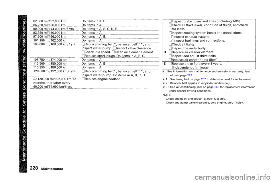 HONDA ACCORD SEDAN 2001  Owners Manual (in English) 
Maintenance
 # : See information on maintenance and emissions warranty, last
column, page 223.
* 1 : See timing belt on page 267 to determine need for replacement.
* 2 : Balancer belt applies to 4-cy