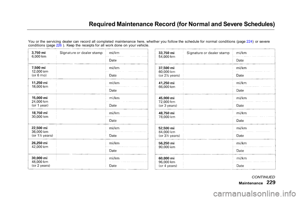 HONDA ACCORD SEDAN 2001  Owners Manual (in English) 
Required Maintenance Record (for Normal and Severe Schedules)
You or the servicing dealer can record all completed maintenance here, whether you follow the schedule for normal conditions (page 224) o