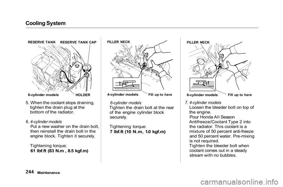 HONDA ACCORD SEDAN 2001  Owners Manual (in English) 
Cooling System

5. When the coolant stops draining, tighten the drain plug at the
bottom of the radiator.

6. 4-cylinder models
 Put a new washer on the drain bolt,
then reinstall the drain bolt in t