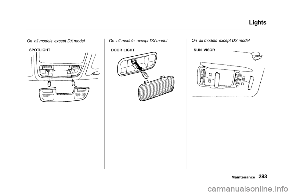 HONDA ACCORD SEDAN 2001  Owners Manual (in English) 
Lights

On all models except DX model On all models except DX model On all models except DX model

Maintenance

SPOTLIGHT
DOOR LIGHT SUN VISOR 