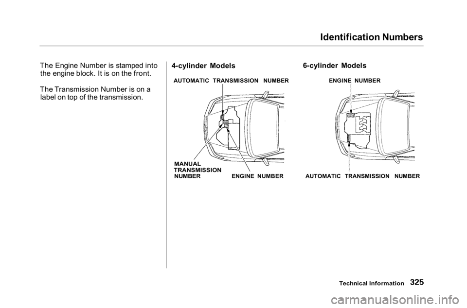 HONDA ACCORD SEDAN 2001  Owners Manual (in English) 
Identification Numbers

The Engine Number is stamped into the engine block. It is on the front.
The Transmission Number is on a label on top of the transmission. 4-cylinder Models
6-cylinder Models
A