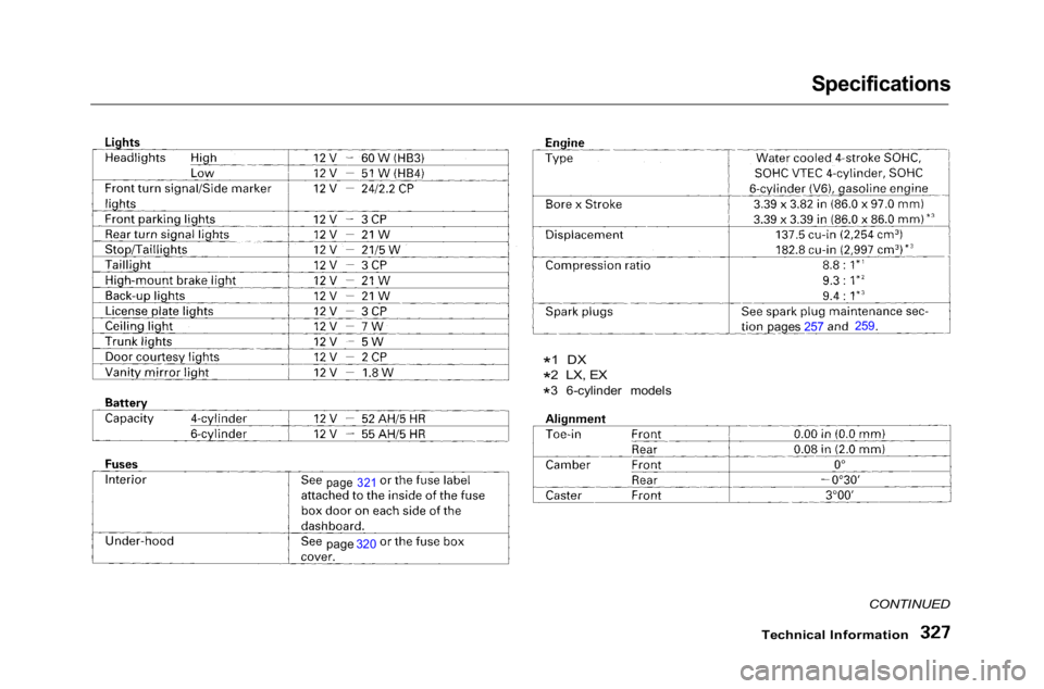 HONDA ACCORD SEDAN 2001  Owners Manual (in English) Specifications

Technical Information
 CONTINUED
*1 DX
*2  LX, EX
*3 6-cylinder models

page 321

page 320 pages 257  259 