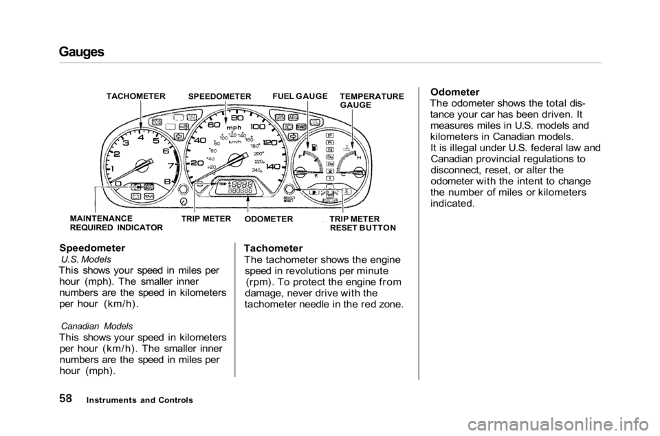 HONDA ACCORD SEDAN 2001  Owners Manual (in English) 
Gauges

Speedometer
 U.S. Models

This shows your speed in miles per hour (mph). The smaller inner
numbers are the speed in kilometers
per hour (km/h).

Canadian Models

This shows your speed in kilo