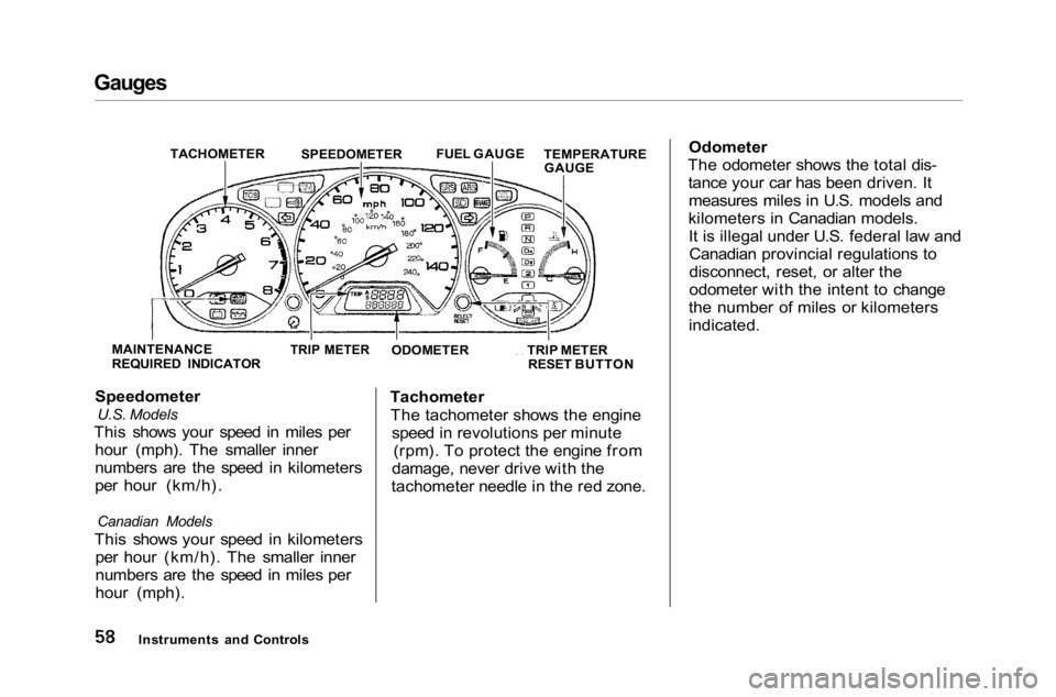 HONDA ACCORD SEDAN 2001 (in English) Repair Manual
Gauges
Speedometer
U.S. Models
This shows your speed in miles per hour (mph). The smaller inner
numbers are the speed in kilometers
per hour (km/h).
Canadian Models
This shows your speed in kilo HONDA ACCORD SEDAN 2001 (in English) Repair Manual
Gauges
Speedometer
U.S. Models
This shows your speed in miles per hour (mph). The smaller inner
numbers are the speed in kilometers
per hour (km/h).
Canadian Models
This shows your speed in kilo