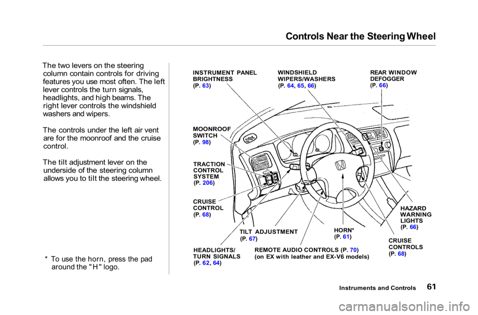 HONDA ACCORD SEDAN 2001  Owners Manual (in English) Controls Near the Steering Wheel

The two levers on the steering column contain controls for driving
features you use most often. The left
lever controls the turn signals,
headlights, and high beams. 