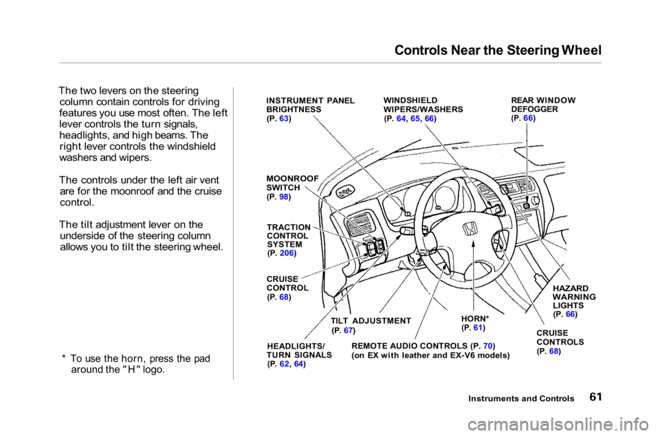 HONDA ACCORD SEDAN 2001 (in English) Repair Manual Controls Near the Steering Wheel
The two levers on the steering column contain controls for driving
features you use most often. The left
lever controls the turn signals,
headlights, and high beams. HONDA ACCORD SEDAN 2001 (in English) Repair Manual Controls Near the Steering Wheel
The two levers on the steering column contain controls for driving
features you use most often. The left
lever controls the turn signals,
headlights, and high beams.
