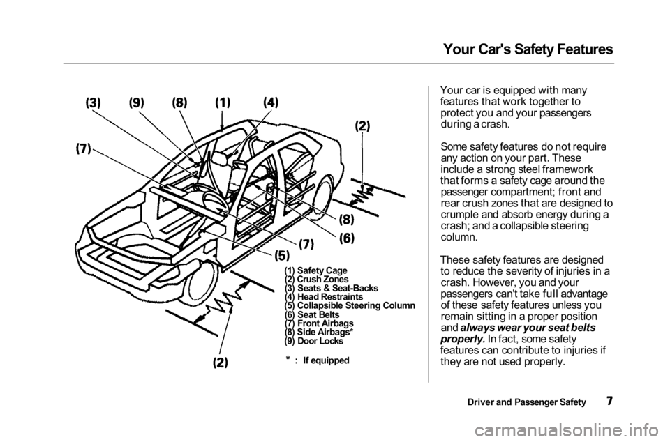 HONDA ACCORD SEDAN 2001 Owners Manual (in English)
Your Car's Safety Features
(1) Safety Cage (2) Crush Zones
(3) Seats & Seat-Backs
(4) Head Restraints
(5) Collapsible Steering Column
(6) Seat Belts
(7) Front Airbags
(8) Side Airbags*
(9) Door L HONDA ACCORD SEDAN 2001 Owners Manual (in English)
Your Car's Safety Features
(1) Safety Cage (2) Crush Zones
(3) Seats & Seat-Backs
(4) Head Restraints
(5) Collapsible Steering Column
(6) Seat Belts
(7) Front Airbags
(8) Side Airbags*
(9) Door L