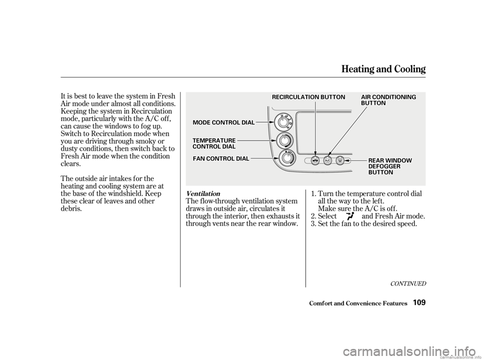 HONDA CIVIC SEDAN 2001  Owners Manual (in English) The outside air intakes f or the
heating and cooling system are at
the base of the windshield. Keep
these clear of leaves and other
debris.The f low-through ventilation system
draws in outside air, ci