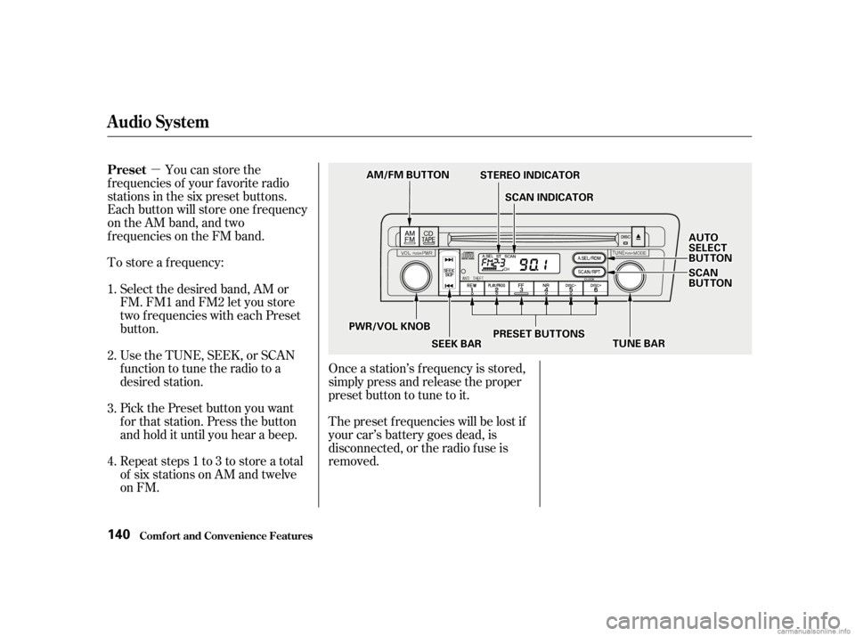 HONDA CIVIC SEDAN 2001  Owners Manual (in English) µ
Repeat steps 1 to 3 to store a total
of six stations on AM and twelve
on FM. Pick the Preset button you want
for that station. Press the button
and hold it until you hear a beep. Select the desire