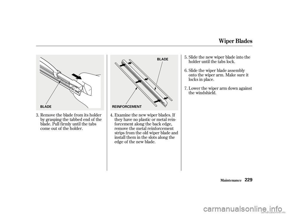 HONDA CIVIC SEDAN 2001   (in English) User Guide Remove the blade f rom its holder
by grasping the tabbed end of the
blade. Pull f irmly until the tabs
come out of the holder.Examine the new wiper blades. If
they have no plastic or metal rein-
f orc