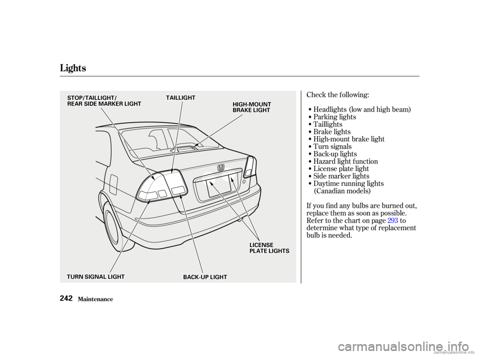 HONDA CIVIC SEDAN 2001  Owners Manual (in English) Check the f ollowing:Headlights (low and high beam)
Parking lights
Taillights
Brake lights
High-mount brake light
Turn signals
Back-up lights
Hazard light f unction
License plate light
Side marker lig