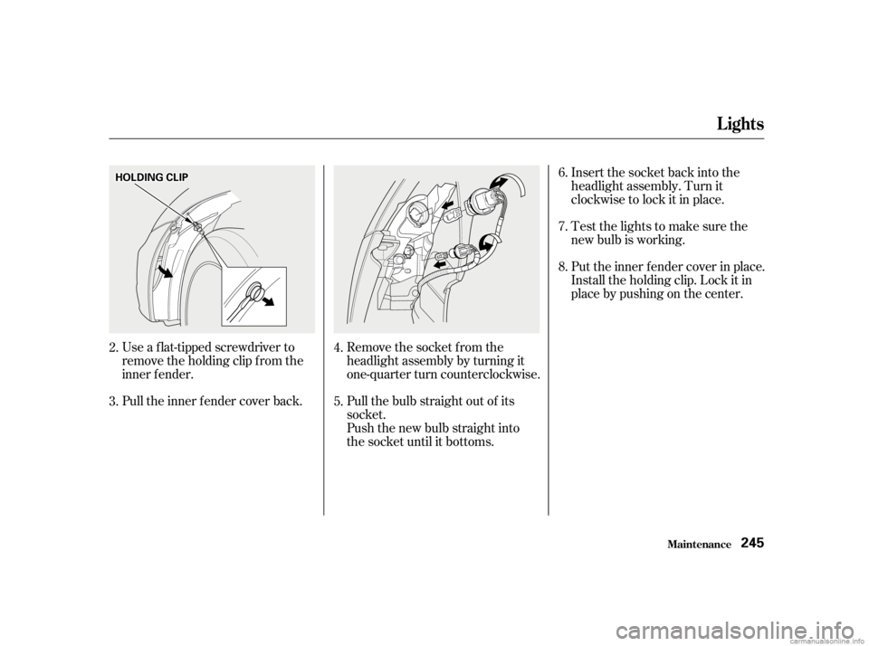 HONDA CIVIC SEDAN 2001  Owners Manual (in English) Use a f lat-tipped screwdriver to
remove the holding clip f rom the
inner f ender.
Pull the inner f ender cover back.Remove the socket from the
headlight assembly by turning it
one-quarter turn counte