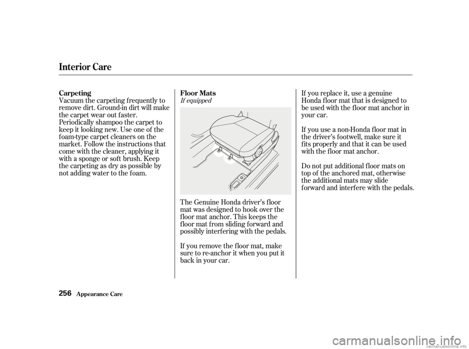 HONDA CIVIC SEDAN 2001  Owners Manual (in English) Vacuum the carpeting f requently to
remove dirt. Ground-in dirt will make
the carpet wear out f aster.
Periodically shampoo the carpet to
keep it looking new. Use one of the
foam-type carpet cleaners 