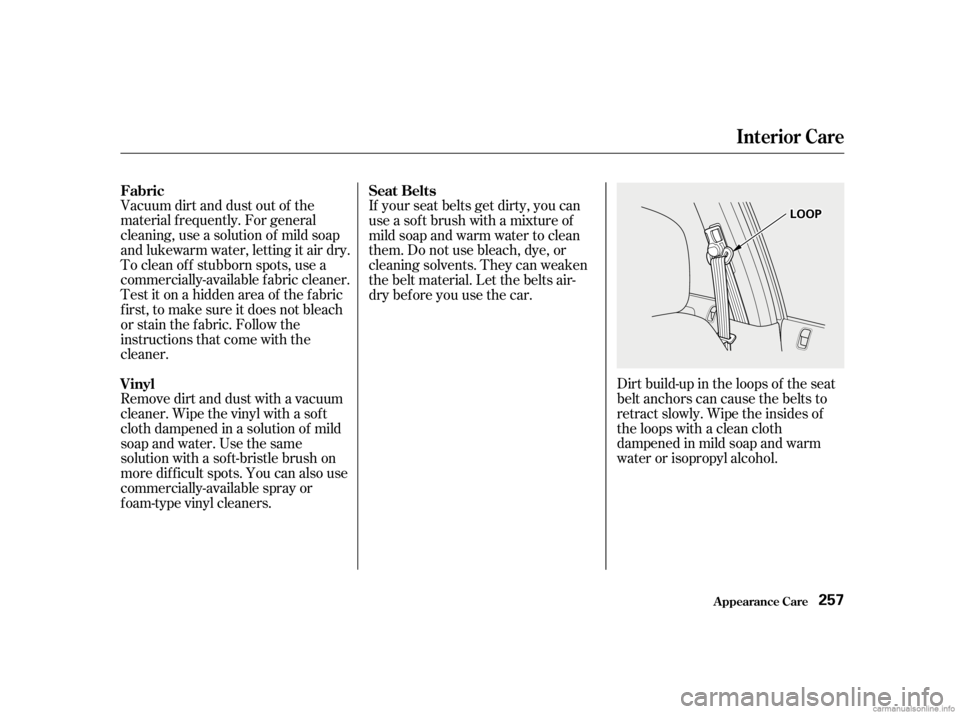 HONDA CIVIC SEDAN 2001  Owners Manual (in English) Dirt build-up in the loops of the seat
belt anchors can cause the belts to
retract slowly. Wipe the insides of
the loops with a clean cloth
dampened in mild soap and warm
water or isopropyl alcohol.
V