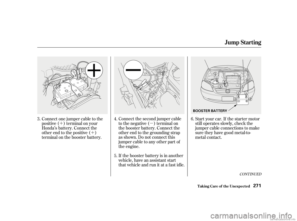 HONDA CIVIC SEDAN 2001   (in English) User Guide µ
´
´
Connect the second jumper cable
to the negative ( ) terminal on
the booster battery. Connect the
other end to the grounding strap
as shown. Do not connect this
jumper cable to any other pa