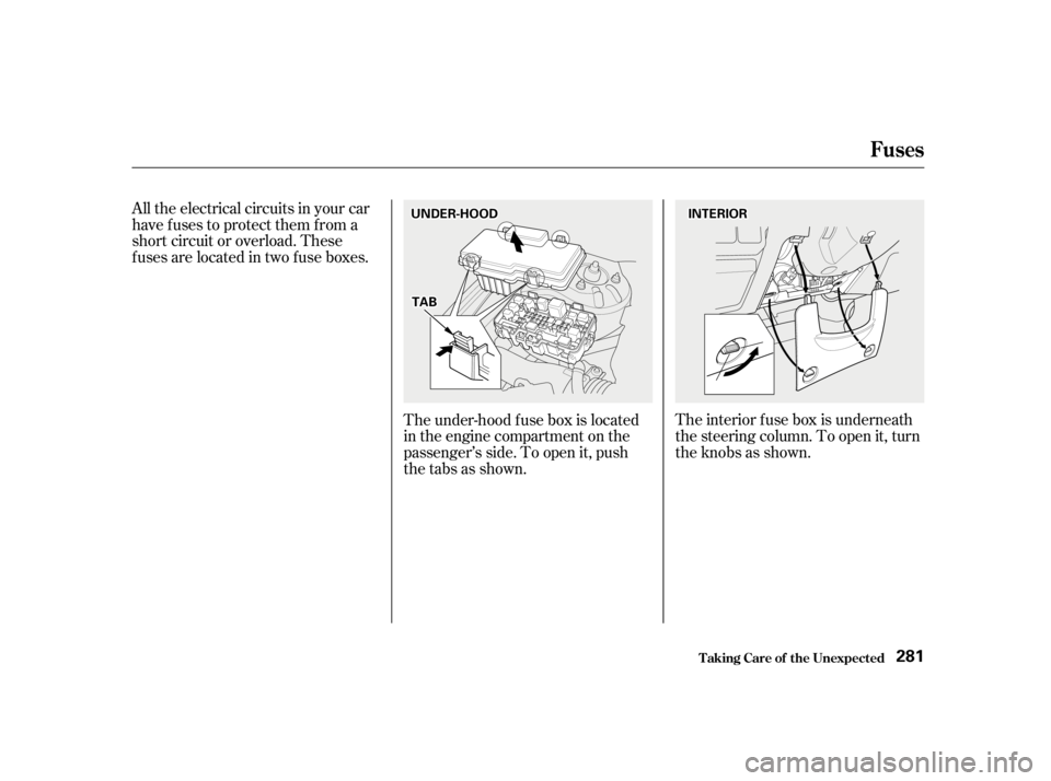 HONDA CIVIC SEDAN 2001   (in English) User Guide All the electrical circuits in your car
have fuses to protect them from a
short circuit or overload. These
f uses are located in two f use boxes.The interior f use box is underneath
the steering colum