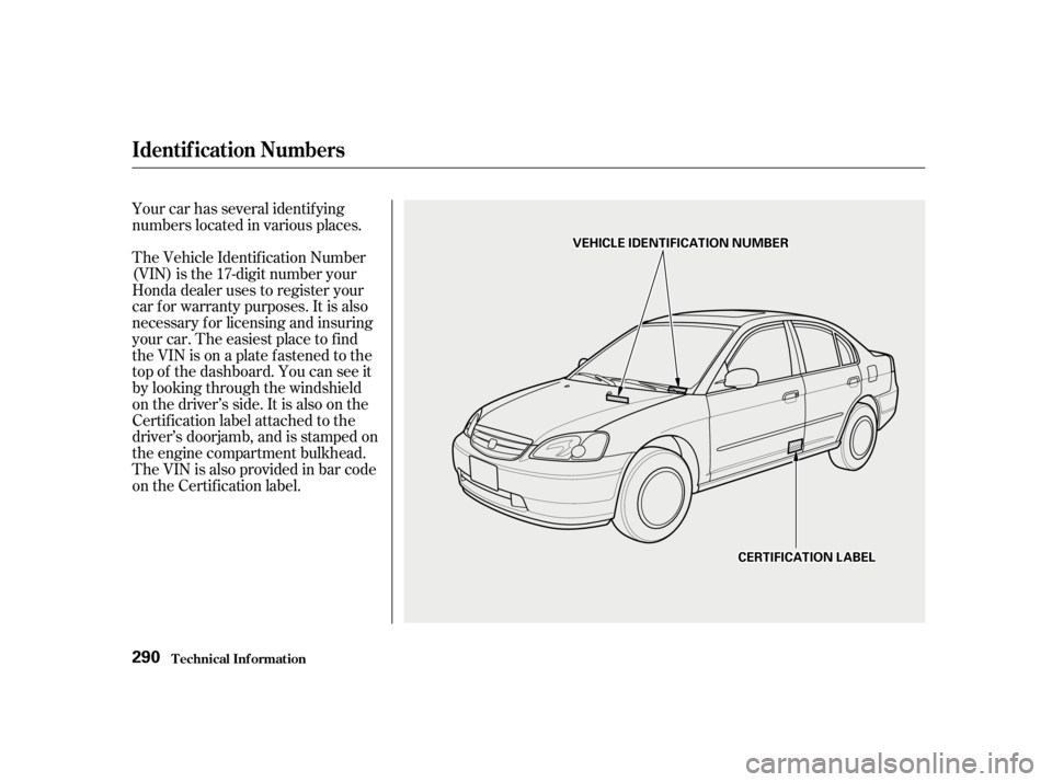 HONDA CIVIC SEDAN 2001  Owners Manual (in English) Your car has several identif ying
numbers located in various places.
The Vehicle Identif ication Number
(VIN) is the 17-digit number your
Honda dealer uses to register your
car f or warranty purposes.