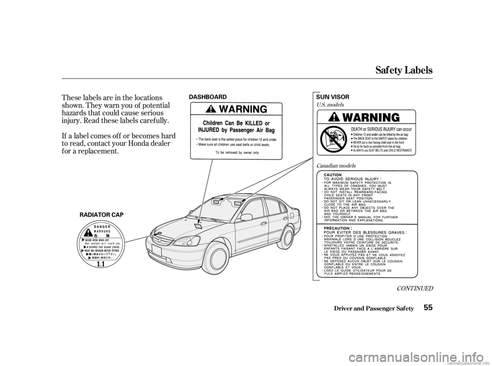 HONDA CIVIC SEDAN 2001  Owners Manual (in English) These labels are in the locations
shown. They warn you of potential
hazards that could cause serious
injury. Read these labels caref ully.
If a label comes of f or becomes hard
to read, contact your H