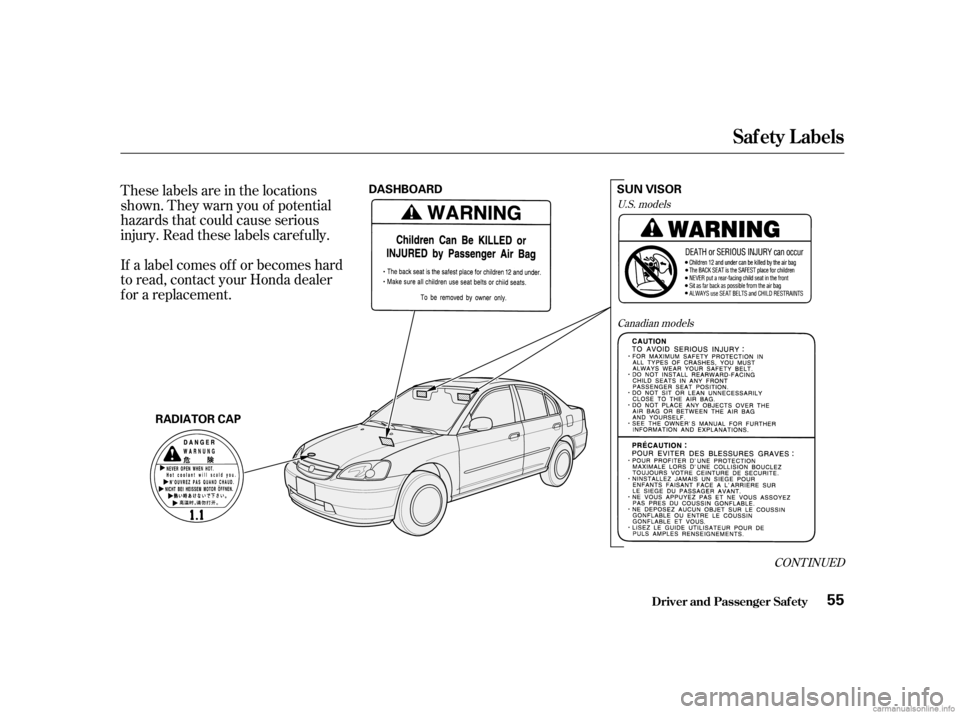 HONDA CIVIC SEDAN 2001 (in English) Workshop Manual These labels are in the locations
shown. They warn you of potential
hazards that could cause serious
injury. Read these labels caref ully.
If a label comes of f or becomes hard
to read, contact your H HONDA CIVIC SEDAN 2001 (in English) Workshop Manual These labels are in the locations
shown. They warn you of potential
hazards that could cause serious
injury. Read these labels caref ully.
If a label comes of f or becomes hard
to read, contact your H