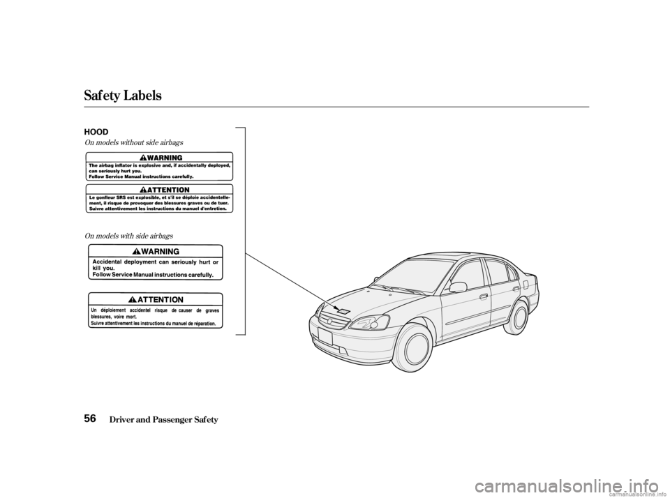 HONDA CIVIC SEDAN 2001   (in English) Workshop Manual On models without side airbagsOn models with side airbags
Saf ety L abels
Driver and Passenger Saf ety56
HOOD 