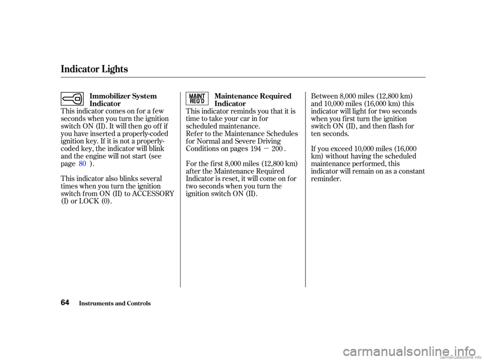 HONDA CIVIC SEDAN 2001   (in English) Repair Manual µ
This indicator comes on f or a f ew
seconds when you turn the ignition
switch ON (II). It will then go of f if
you have inserted a properly-coded
ignition key. If it is not a properly-
coded key, 