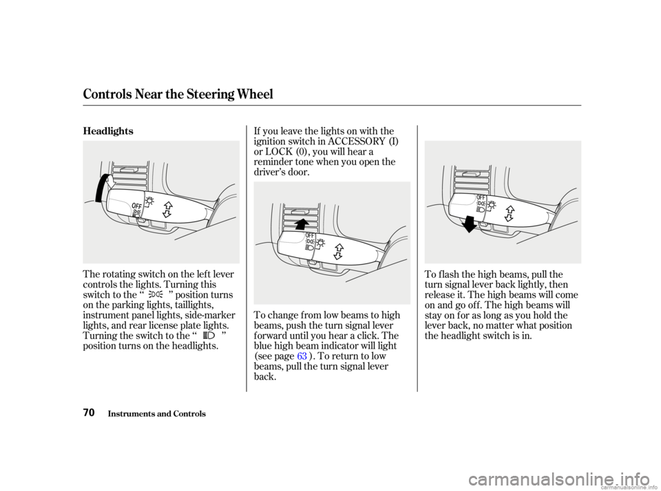 HONDA CIVIC SEDAN 2001   (in English) Manual PDF The rotating switch on the lef t lever
controls the lights. Turning this
switch to the ‘‘ ’’ position turns
on the parking lights, taillights,
instrument panel lights, side-marker
lights, and 