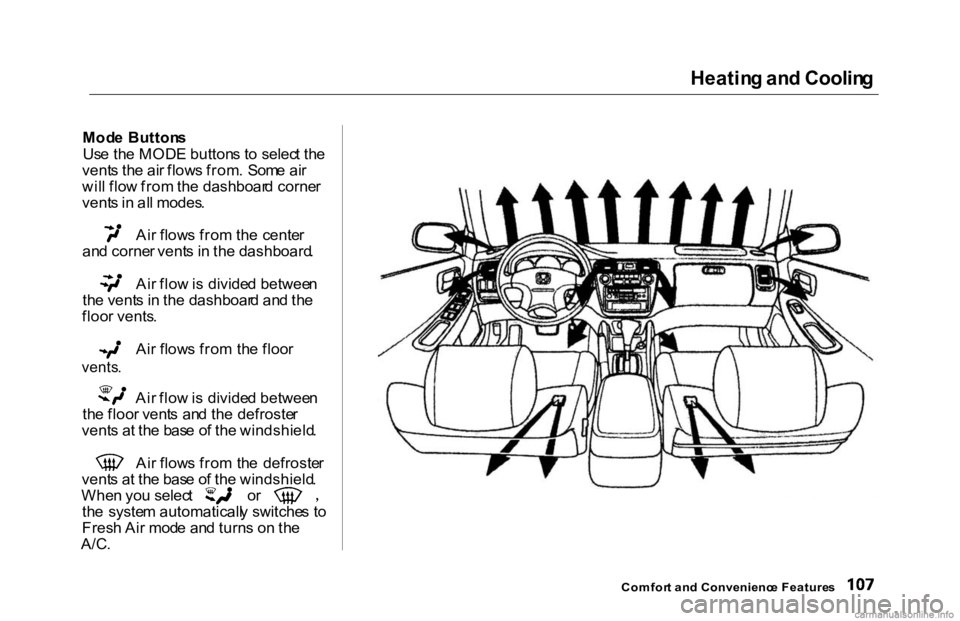 HONDA ACCORD SEDAN 2000  Owners Manual (in English) Heatin
g an d Coolin g

Mod e Button s
Us e th e MOD E button s t o  selec t th e
vent s th e ai r flow s from .  Som e ai r
wil l flo w fro m th e dashboar d corne r
vent s in  al l modes . Ai
r flow