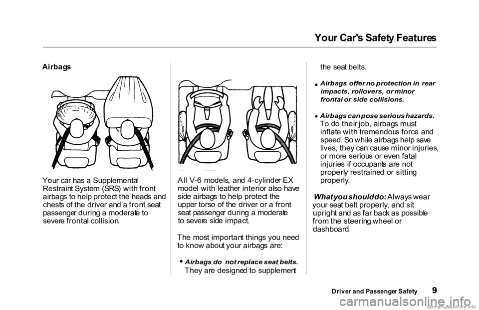 HONDA ACCORD SEDAN 2000 (in English) User Guide You
r Car' s Safet y Feature s
Airbag s
You r ca r ha s a Supplementa l
Restrain t Syste m (SRS ) wit h fron t
airbag s t o hel p protec t th e head s an d
chest s o f th e drive r an d a fro HONDA ACCORD SEDAN 2000 (in English) User Guide You
r Car' s Safet y Feature s
Airbag s
You r ca r ha s a Supplementa l
Restrain t Syste m (SRS ) wit h fron t
airbag s t o hel p protec t th e head s an d
chest s o f th e drive r an d a fro