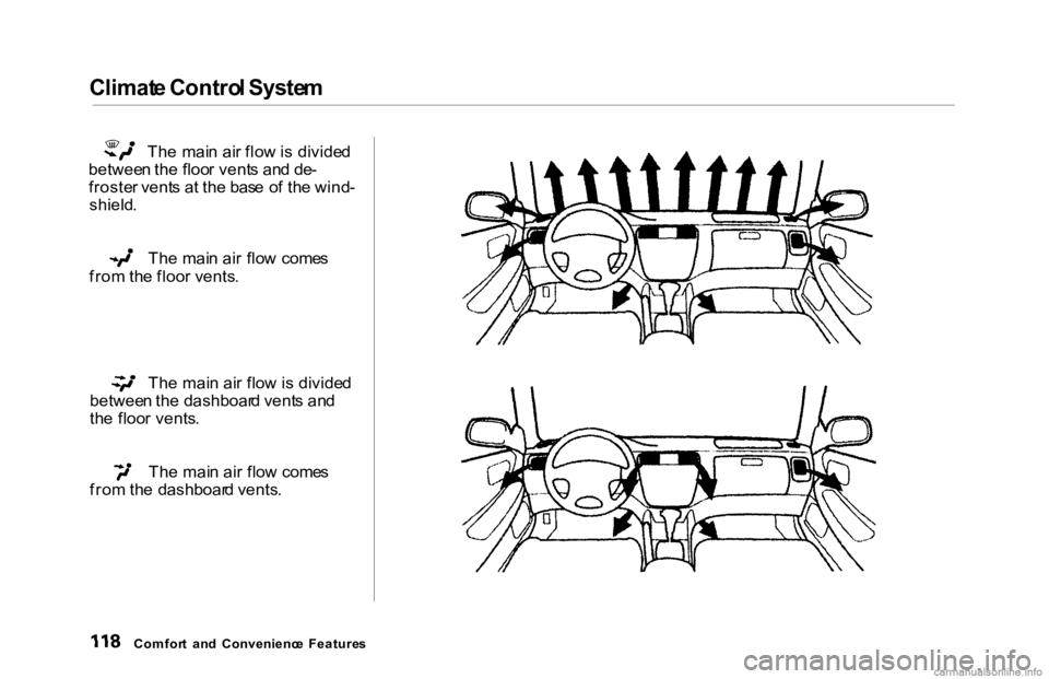 HONDA ACCORD SEDAN 2000  Owners Manual (in English) Climat
e Contro l Syste m
 Th
e mai n ai r flo w is divide d
betwee n th e floo r vent s an d de -
froste r vent s a t th e bas e o f th e wind -

shield .
 Th
e mai n ai r flo w  come s
fro m th e fl