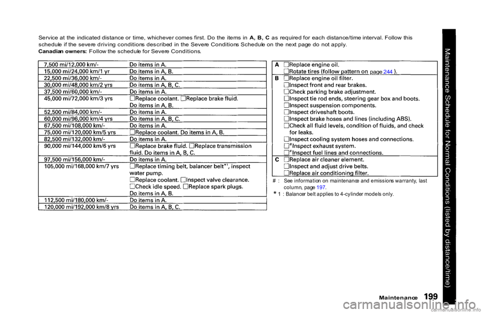 HONDA ACCORD SEDAN 2000  Owners Manual (in English) Service at  the  indicated distance or  time, whichever comes first. Do  the  items in A,  B,  C as  required for  each distance/time interval. Follow this
schedul e  i f th e sever e drivin g  condit