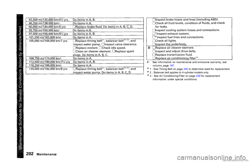 HONDA ACCORD SEDAN 2000  Owners Manual (in English) #
  :   Se e  informatio n  o n  maintenanc e an d emission s warranty ,  las t
column , pag e 197 .*  1 : See Timing Belt on page  240  to determine need for replacement.
*  2 : Balancer belt applies