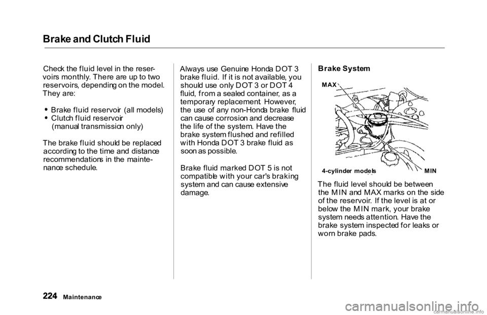 HONDA ACCORD SEDAN 2000 Owners Manual (in English) Brak
e an d Clutc h Flui d
Chec k th e flui d leve l i n th e reser -
voir s monthly . Ther e ar e u p to tw o
reservoirs , dependin g o n th e model .
The y are :
Brak e flui d reservoi r (al l m HONDA ACCORD SEDAN 2000 Owners Manual (in English) Brak
e an d Clutc h Flui d
Chec k th e flui d leve l i n th e reser -
voir s monthly . Ther e ar e u p to tw o
reservoirs , dependin g o n th e model .
The y are :
Brak e flui d reservoi r (al l m