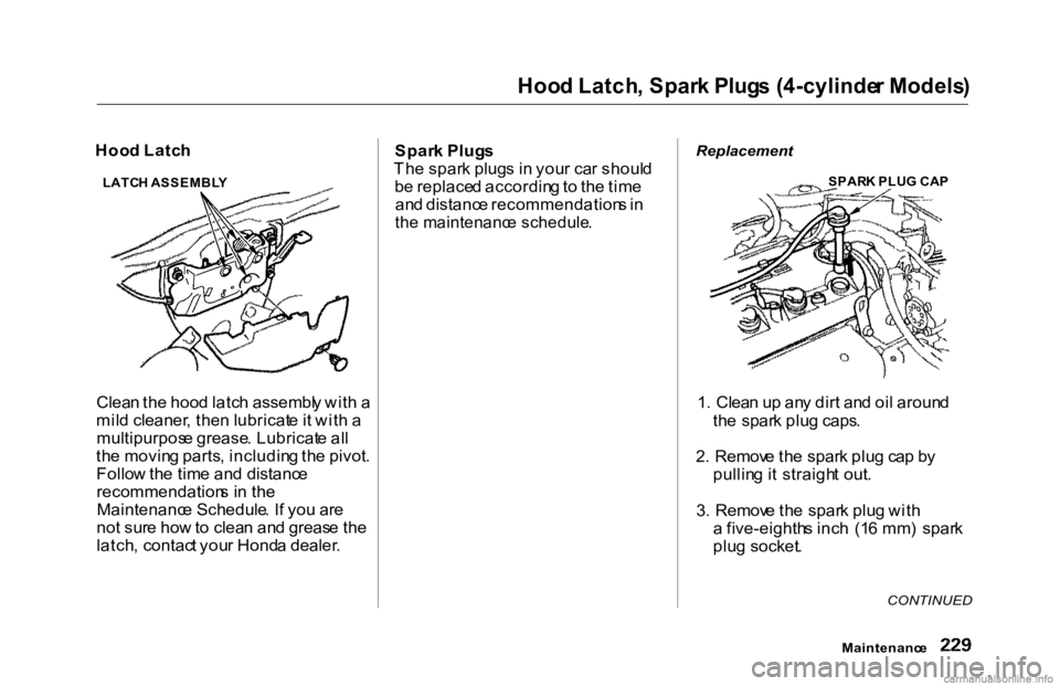 HONDA ACCORD SEDAN 2000 Owners Manual (in English)
Hoo
d Latch , Spar k Plug s (4-cylinde r Models )
Hoo d Latc h
Clea n th e hoo d latc h assembl y wit h a
mil d cleaner , the n lubricat e it wit h a
multipurpos e grease . Lubricat e al l
th e movi HONDA ACCORD SEDAN 2000 Owners Manual (in English)
Hoo
d Latch , Spar k Plug s (4-cylinde r Models )
Hoo d Latc h
Clea n th e hoo d latc h assembl y wit h a
mil d cleaner , the n lubricat e it wit h a
multipurpos e grease . Lubricat e al l
th e movi