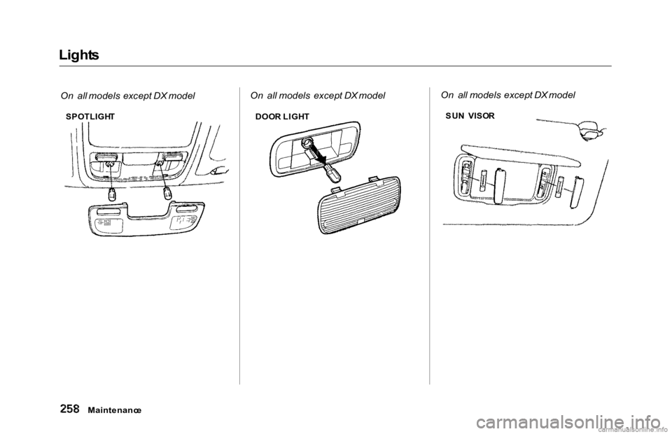 HONDA ACCORD SEDAN 2000 Owners Manual (in English)
Light
s
On all models except DX model On
all models except DX model On
all models except DX model
Maintenanc e
SPOTLIGH
T
DOOR LIGH T SU
N VISO R HONDA ACCORD SEDAN 2000 Owners Manual (in English)
Light
s
On all models except DX model On
all models except DX model On
all models except DX model
Maintenanc e
SPOTLIGH
T
DOOR LIGH T SU
N VISO R