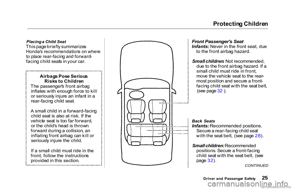 HONDA ACCORD SEDAN 2000 (in English) Owners Guide Protectin
g Childre n
Placing a Child Seat
Thi s pag e briefl y summarize s
Honda' s recommendation s o n wher e
t o plac e rear-facin g an d forward -
facin g chil d seat s in you r car . HONDA ACCORD SEDAN 2000 (in English) Owners Guide Protectin
g Childre n
Placing a Child Seat
Thi s pag e briefl y summarize s
Honda' s recommendation s o n wher e
t o plac e rear-facin g an d forward -
facin g chil d seat s in you r car .