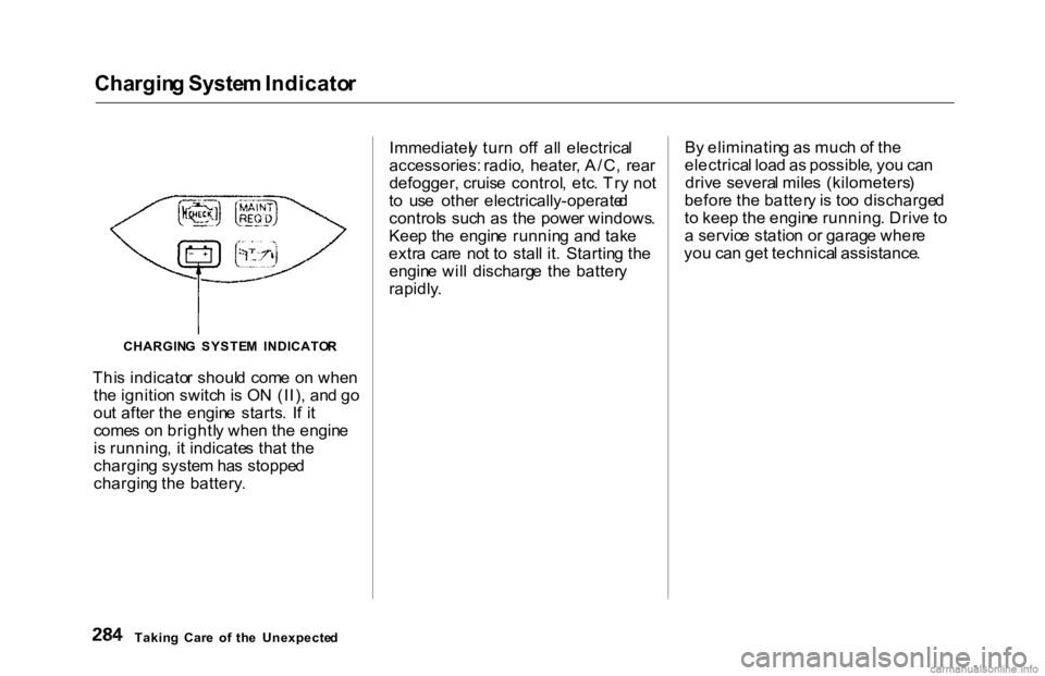 HONDA ACCORD SEDAN 2000 Owners Manual (in English) Chargin
g Syste m Indicato r
Thi s indicato r shoul d com e o n whe n
th e ignitio n switc h is O N (II) , an d g o
ou t afte r th e engin e starts . I f i t
come s o n brightl y whe n th e engin HONDA ACCORD SEDAN 2000 Owners Manual (in English) Chargin
g Syste m Indicato r
Thi s indicato r shoul d com e o n whe n
th e ignitio n switc h is O N (II) , an d g o
ou t afte r th e engin e starts . I f i t
come s o n brightl y whe n th e engin