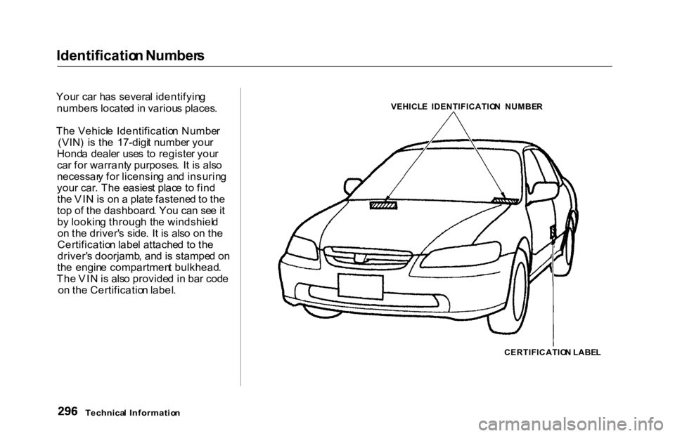 HONDA ACCORD SEDAN 2000 Owners Manual (in English) Identificatio
n Number s
You r ca r ha s severa l identifyin g
number s locate d in variou s places .
Th e Vehicl e Identificatio n Numbe r
(VIN ) i s th e 17-digi t numbe r you r
Hond a deale r u HONDA ACCORD SEDAN 2000 Owners Manual (in English) Identificatio
n Number s
You r ca r ha s severa l identifyin g
number s locate d in variou s places .
Th e Vehicl e Identificatio n Numbe r
(VIN ) i s th e 17-digi t numbe r you r
Hond a deale r u