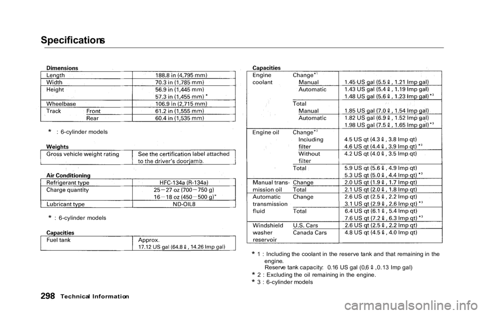 HONDA ACCORD SEDAN 2000  Owners Manual (in English) Specification
s*  1  :  Including the coolant in  the reserve tank and that remaining in  the
engine. Reserv
e tan k capacity :  0.1 6  U S ga l  (0, 6  ,0.1 3  Im p gal )

*  2  :  Excluding the oil 