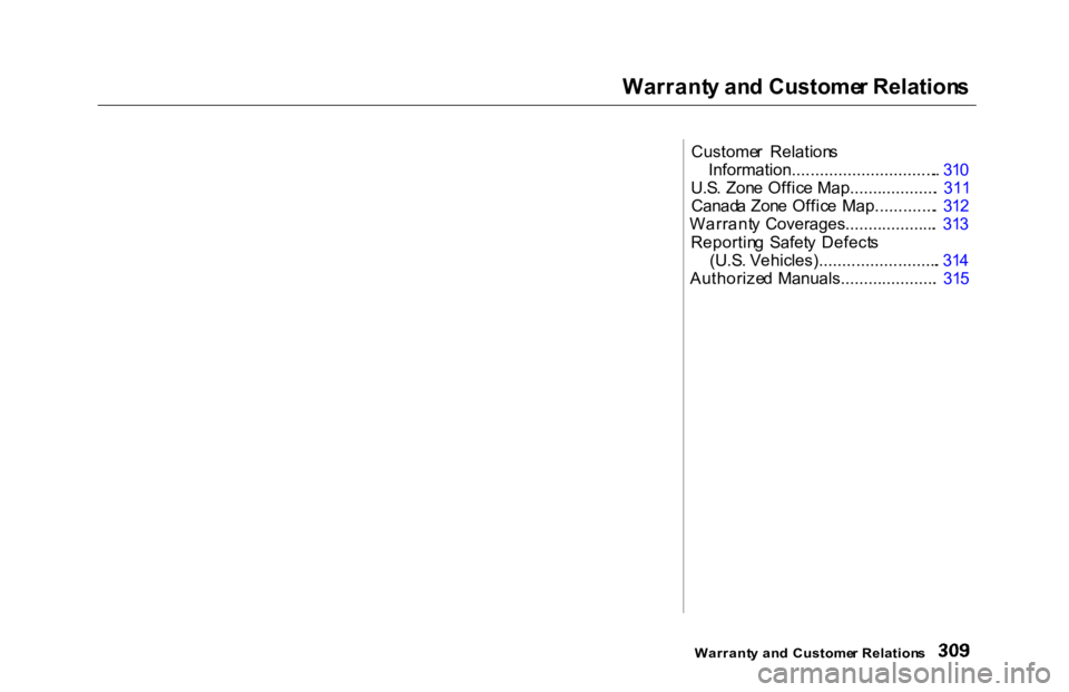 HONDA ACCORD SEDAN 2000  Owners Manual (in English) Warrant
y an d Custome r Relation s
Custome r  Relation s
Information................................ .  31 0
U.S . Zon e Offic e Map................... .  31 1
Canad a Zon e Offic e Map............. 